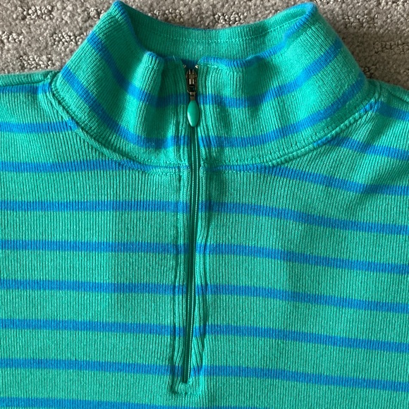 L.L. BEAN teal stripe quarter-zip cotton pullover, Medium. - Picture 2 of 7